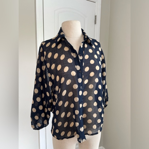 Sans souci polka dot navy sheer blouse small - Picture 2 of 6